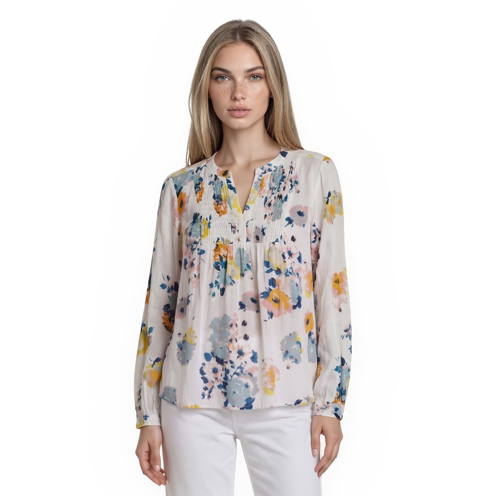 Lucky Brand Floral Peasant Blouse Women's Size Large Multicolor Smocked Top
